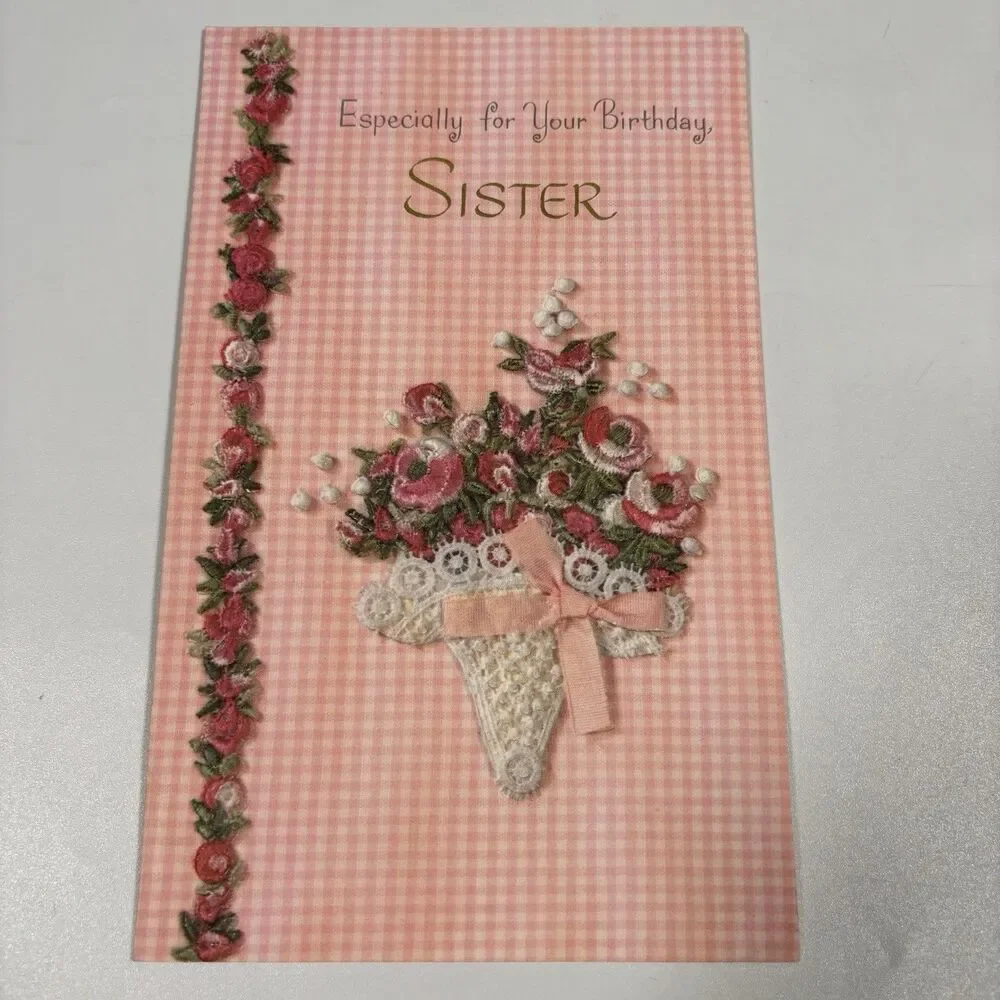 Vintage Buzza Cardozo Sister Birthday Card Needlepoint Ribbon Lace Flowers Decor